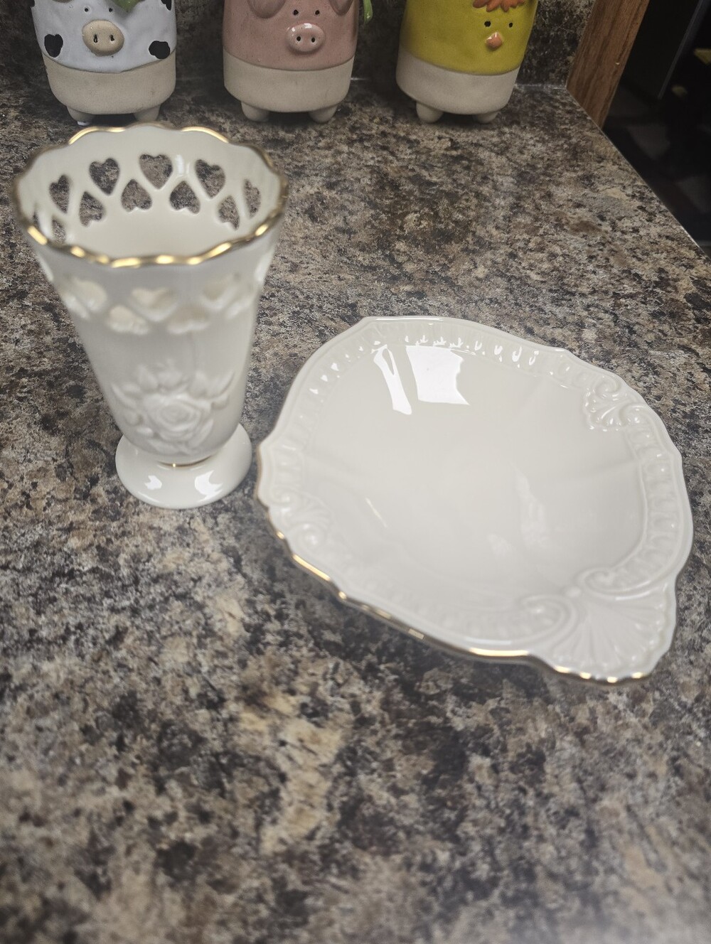 Lenox Elegant White Porcelain Trinket Dish & Vase Set with Gold Trim